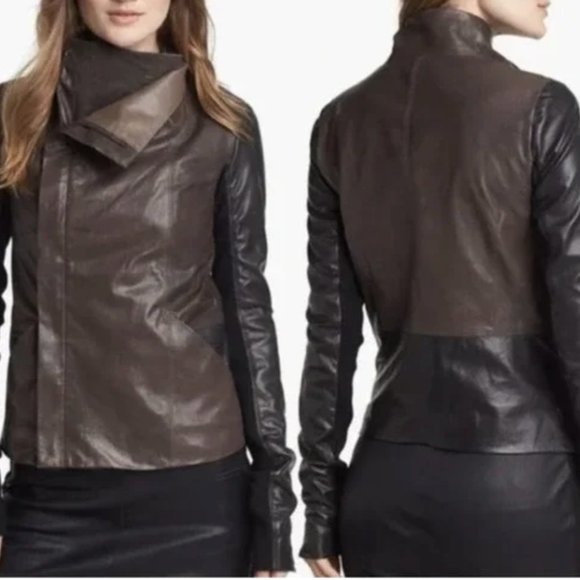 Vince Black/Brown Colorblock & Wrap Moto Espresso/Blk Jacket Sz M - Picture 10 of 10